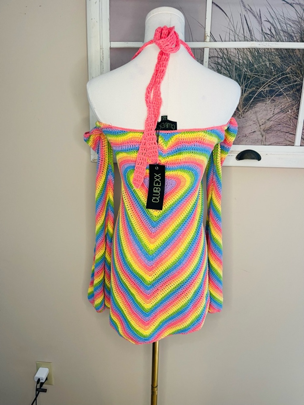 Club Exx DOLLS KILL Neon Rainbow Crochet Heart Dress 🦄 - Picture 5 of 6